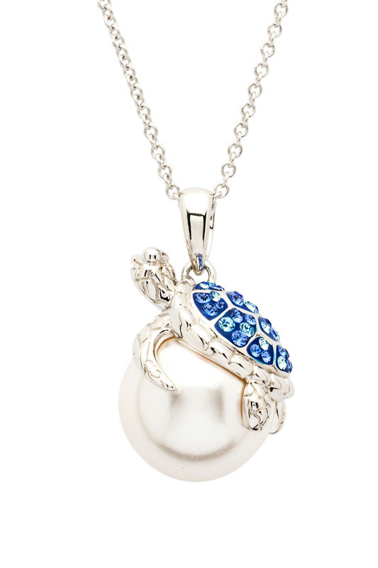 Sterling silver sea turtle necklace with turtle clinging to freshwater pearl - Drops of Joy collection handcrafted in Ireland