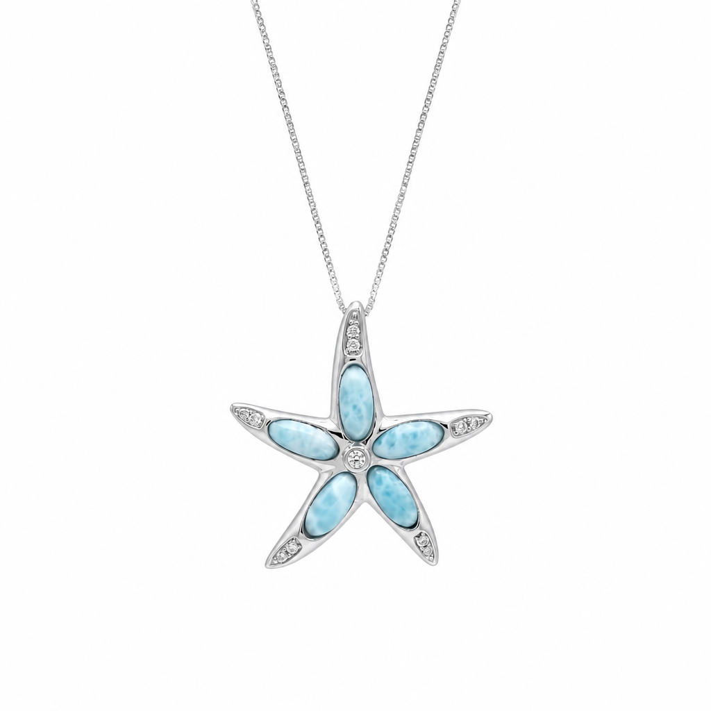 Larimar and cubic zirconia starfish necklace on sterling silver box chain - white background product photo - Crabby Mermaid