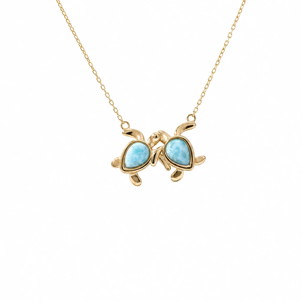 Yellow gold plated Larimar two turtle pendant necklace in sterling silver on white background - genuine Dominican Republic Larimar - Crabby Mermaid