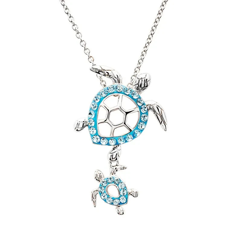 Sterling silver mother and baby sea turtle necklace with aqua crystals - close-up pendant detail - handcrafted in Ireland - Crabby Mermaid