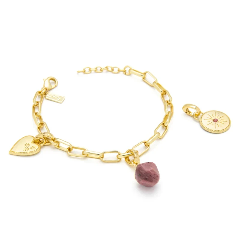 Interchangeable charm bracelet in 14K gold dipped brass with tourmaline charms on white background - adjustable 6.75 to 7.75 inches - Crabby Mermaid