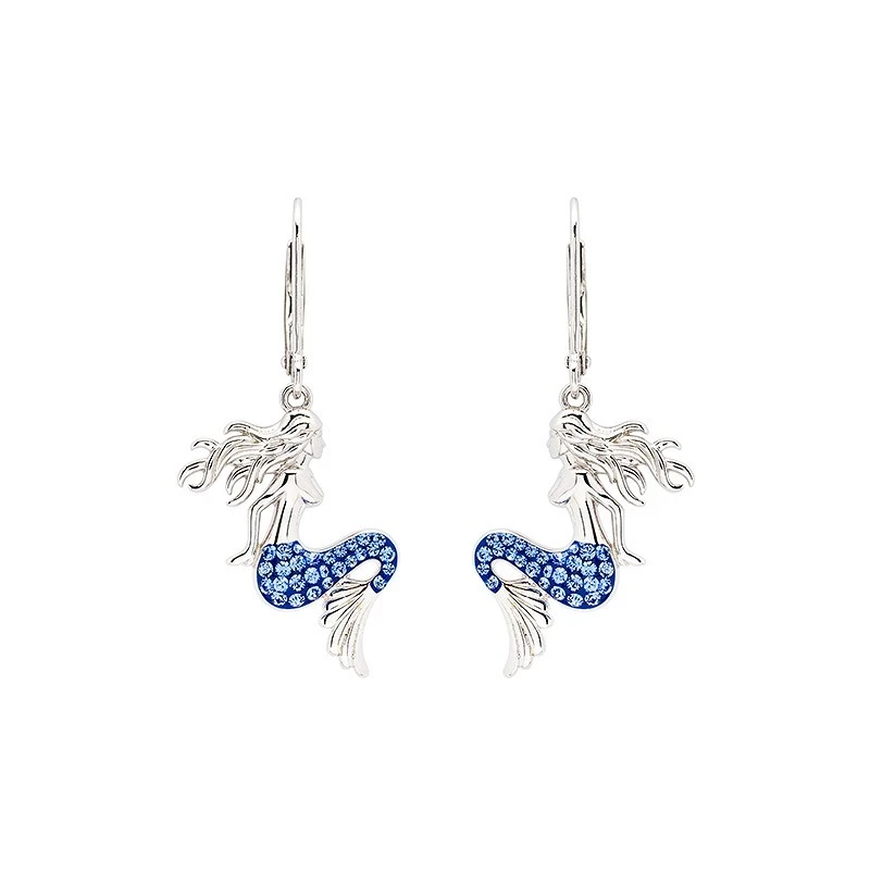 Sterling silver mermaid drop earrings with sapphire blue crystals on white background - lever-back closure - handcrafted in Ireland