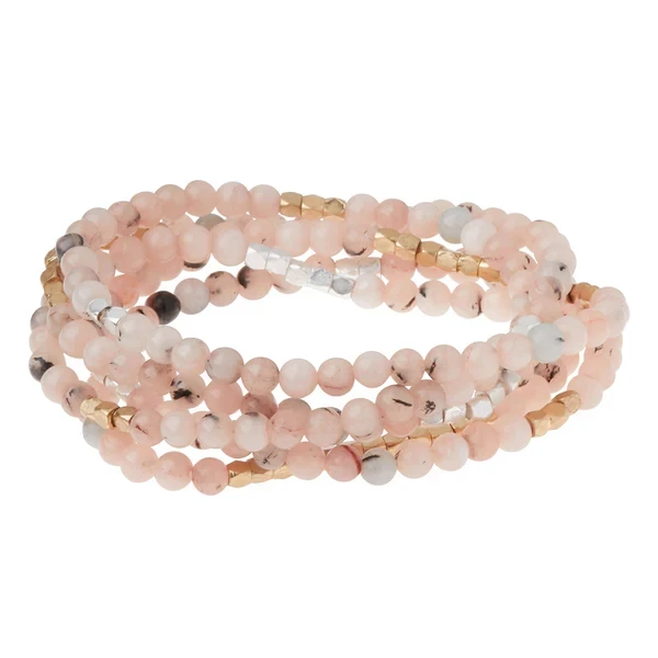 Stone Wrap Morganite and Black Tourmaline bracelet on white background showing full wrap style - Crabby Mermaid