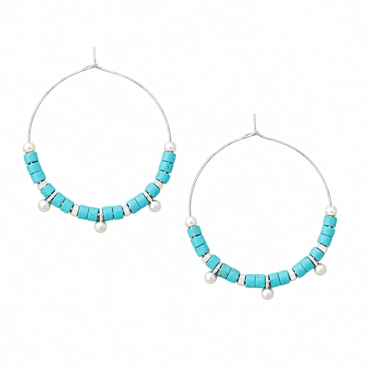 Turquoise stone disc hoop earrings in silver on white background - Crabby Mermaid