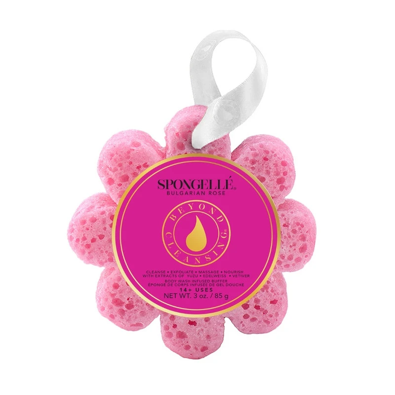 Spongellé Bulgarian Rose Wild Flower Body Wash Buffer - pink flower-shaped sponge with hot pink label on white background