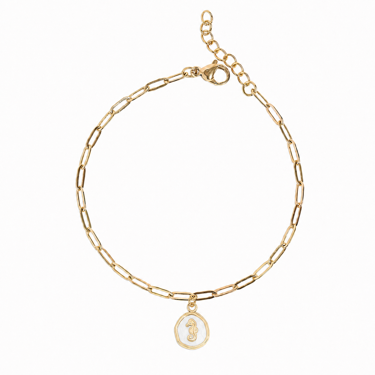 18K gold PVD paperclip chain bracelet with white epoxy seahorse charm on white background - Crabby Mermaid