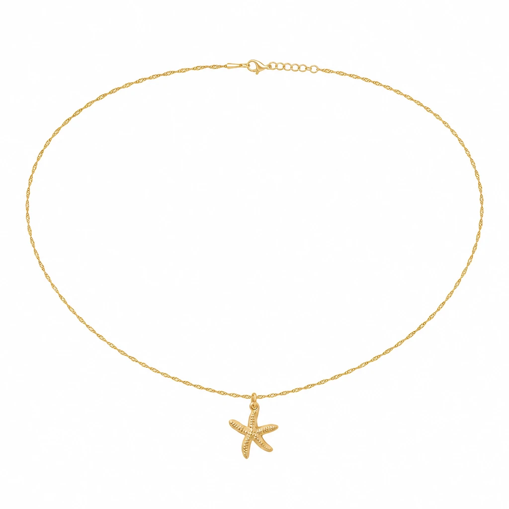 18K gold PVD starfish charm necklace on Singapore chain with lobster clasp and extender - white background product shot