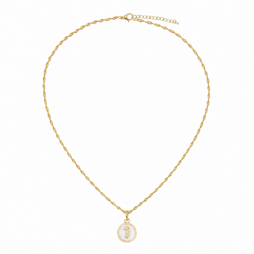 18K gold PVD epoxy seahorse charm necklace on Singapore chain with lobster clasp and extender - white background product shot