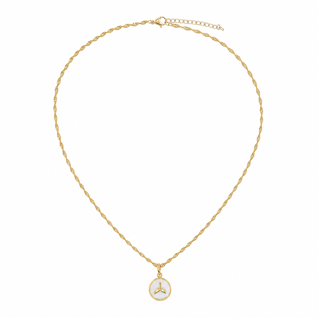 18K gold PVD epoxy whale tail charm necklace on Singapore chain with lobster clasp and extender - white background product shot