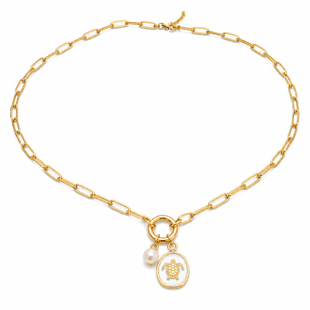Gold paperclip charm holder necklace with pearl charm and white epoxy sea turtle medallion on white background - Crabby Mermaid