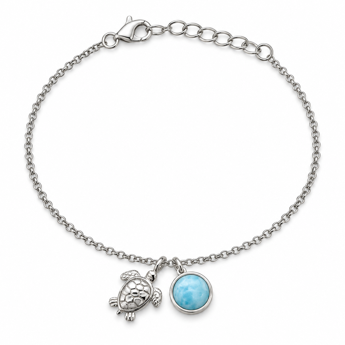 Natural Larimar sea turtle charm bracelet in sterling silver on white background - Crabby Mermaid