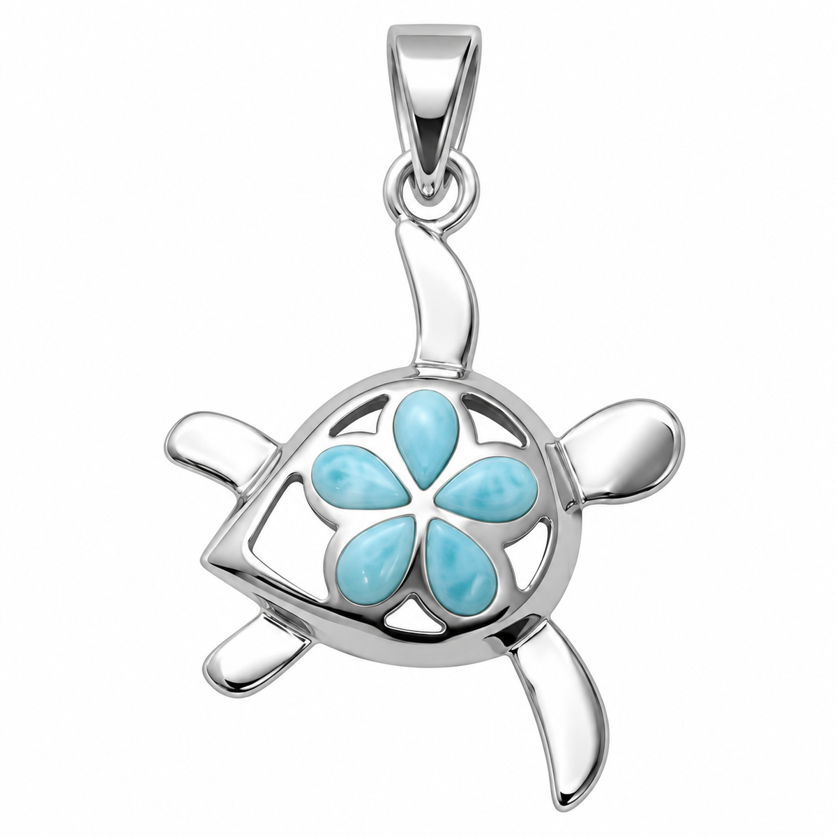 Natural Larimar sea turtle pendant in .925 sterling silver on white background - Crabby Mermaid