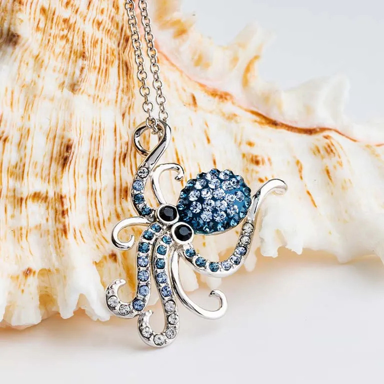 Sterling Silver Octopus Necklace with Blue Crystals