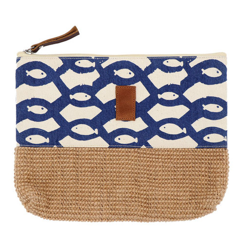 Fish pattern carry-all pouch - navy blue fish print canvas upper with natural woven jute base - Crabby Mermaid