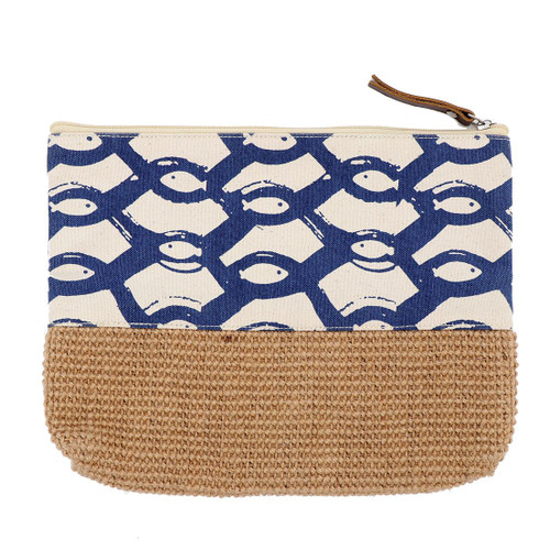 Fish pattern carry-all pouch — navy blue fish print canvas upper with natural woven jute base — Crabby Mermaid