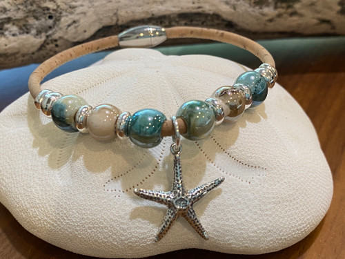 Sterling silver starfish cork bracelet with ceramic beads — 7 inch handcrafted Florida artisan jewelry — Crabby Mermaid