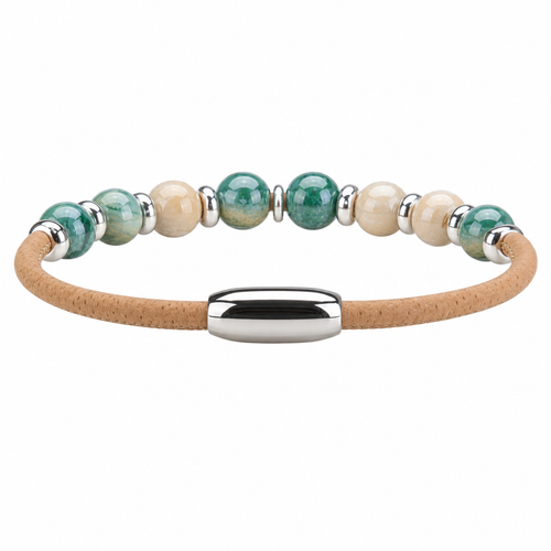 Close-up of magnetic clasp on cork bracelet with green and cream ceramic beads - Crabby Mermaid