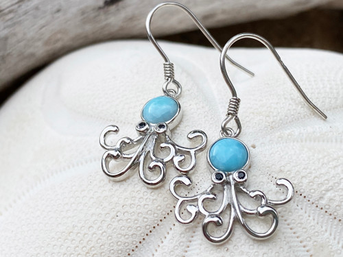 Close-up of Larimar octopus dangle earrings in .925 sterling silver — genuine Dominican Republic Larimar — Crabby Mermaid