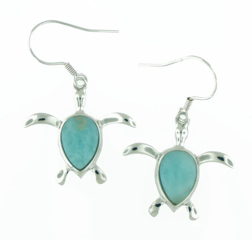 Larimar sea turtle dangle earrings in sterling silver on white background ‚Äî genuine Dominican Republic Larimar ‚Äî Crabby Mermaid
