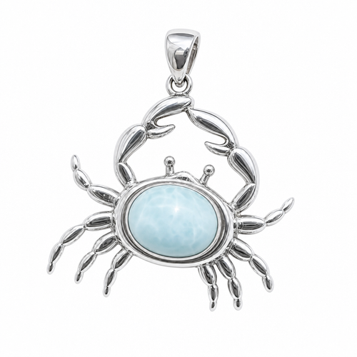Larimar crab pendant in sterling silver with genuine Dominican Republic Larimar on white background — Crabby Mermaid