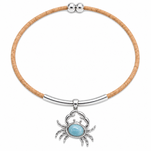 Larimar crab pendant necklace in sterling silver on natural cork cord with magnetic clasp - Crabby Mermaid