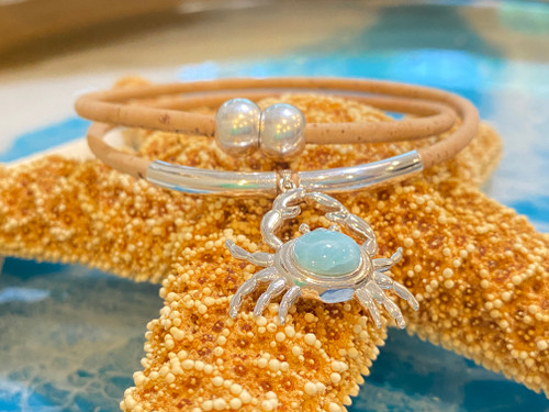 Larimar Crab Necklace set in Sterling Silver on Cork