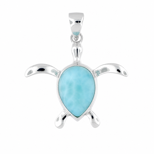Close-up of sterling silver sea turtle pendant with Larimar stone on white background — Crabby Mermaid
