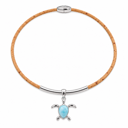 Larimar sea turtle pendant necklace in sterling silver on natural cork cord with magnetic clasp — Crabby Mermaid
