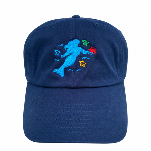 Crabby Mermaid original hat in navy with embroidered mermaid, crab, and starfish design on white background - Crabby Mermaid