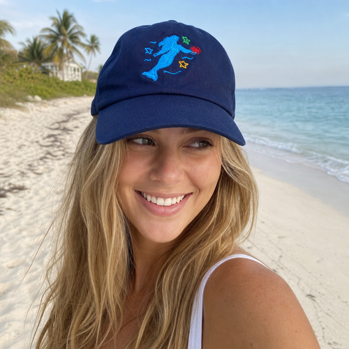 Woman wearing Crabby Mermaid original embroidered hat on a Florida beach - Crabby Mermaid