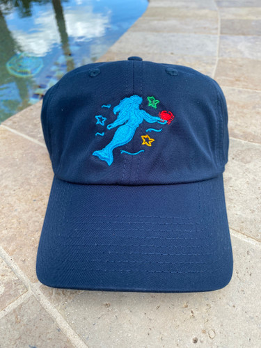 Navy Crabby Mermaid original hat with embroidered logo — low profile unconstructed design — VELCRO tab closure — Crabby Mermaid