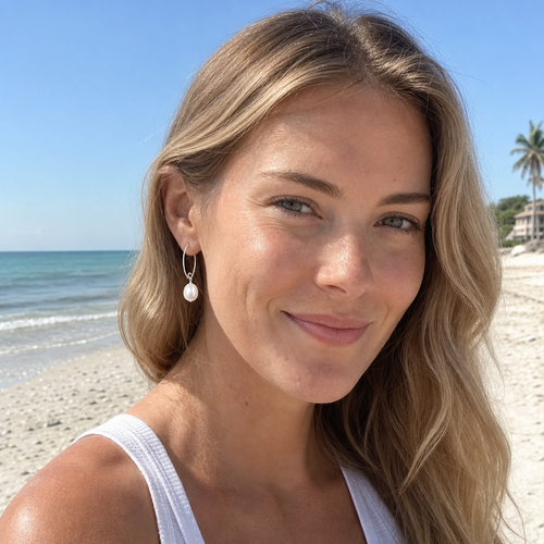 Young sandy blonde woman wearing pearl marquise sterling silver earrings at Florida Gulf Coast beach - handmade in California - Crabby Mermaid