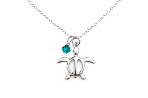 Sterling silver Honu sea turtle necklace with teal European crystal on 18 inch chain — handmade in California — Crabby Mermaid