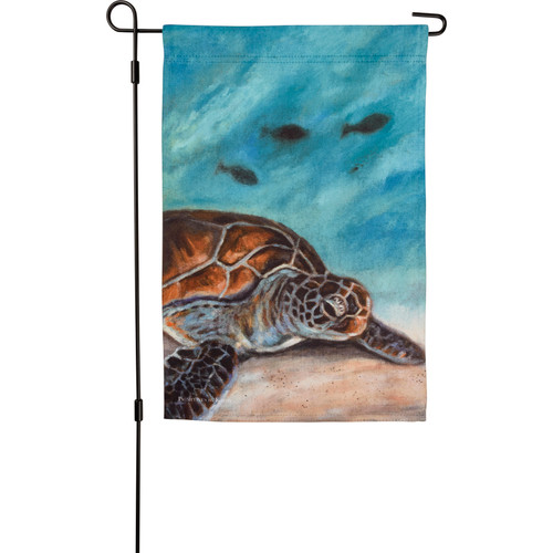 Sea Turtle Garden Flag

A double-sided polyester garden flag featuring a design of a sea turtle in the ocean. Design is replicated from original artwork painted onto burlap canvas, giving the art a unique depth and texture. Garden flags are weather-resistant and feature an opening to hang on a garden flag pole. Hand-wash only.