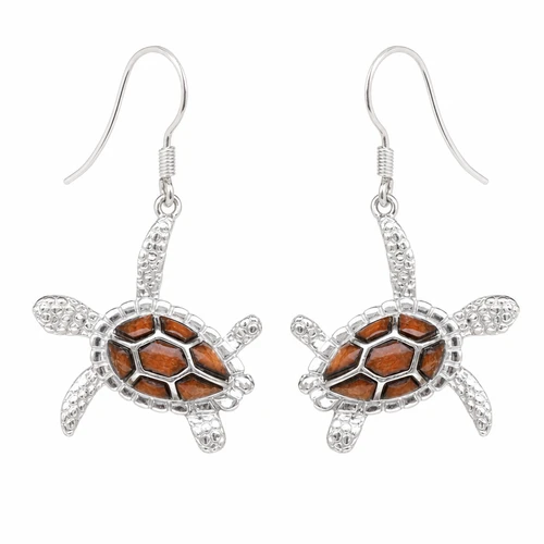 Sterling silver sea turtle dangle earrings with Hawaiian koa wood inlay on white background - French wire hooks - Crabby Mermaid