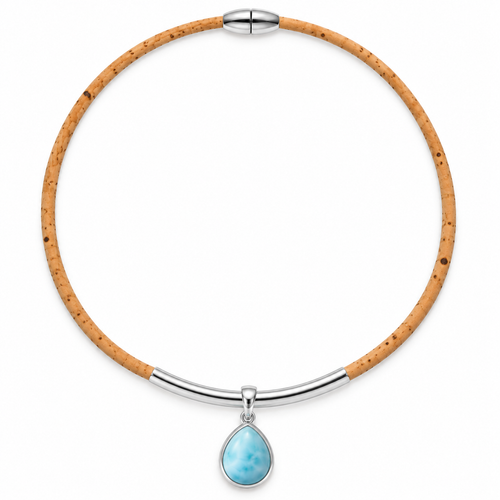 Larimar teardrop pendant necklace in sterling silver on natural Portuguese cork cord with magnetic clasp - Crabby Mermaid
