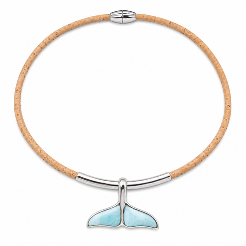 Larimar whale tail pendant necklace in sterling silver on natural cork cord with magnetic clasp - Crabby Mermaid