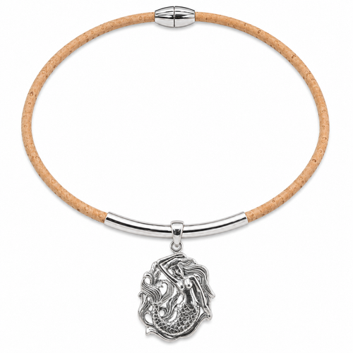 Sterling silver mermaid pendant necklace on natural cork cord with magnetic clasp - Crabby Mermaid