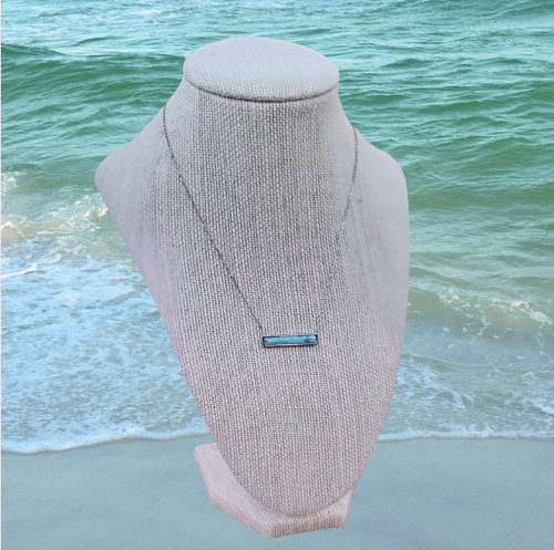 Larimar bar necklace on linen display bust showing full chain length — genuine Larimar coastal jewelry — Crabby Mermaid