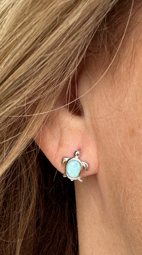 Larimar Turtle Stud Earrings in Sterling Silver

Who loves sea turtles? I do, I do. These super fun Larimar turtle earrings are stunning and simple.

They are made from genuine Larimar, which reminds you of the ocean and all its splendor with beautiful shades of blue. One of my favorite things about Larimar is that each piece is slightly different, so you will always have a unique color of your own.

These earrings will quickly become your everyday favorite. The earrings have sterling silver posts, which are great for sensitive ears. A great addition to your coastal jewelry collection or for that perfect gift for beach and turtle lovers.

Sea turtles are known for patience, wisdom, endurance, dreams, going with the flow, and peace. They are also known for good luck; we can all use that sometimes.

They are the perfect earrings for all turtle lovers; they are just the right size and perfect for everyday wear.