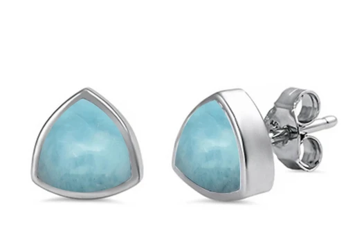 Larimar trillion stud earrings on white background ‚Äî 8.25mm genuine Larimar in .925 sterling silver ‚Äî post back closure