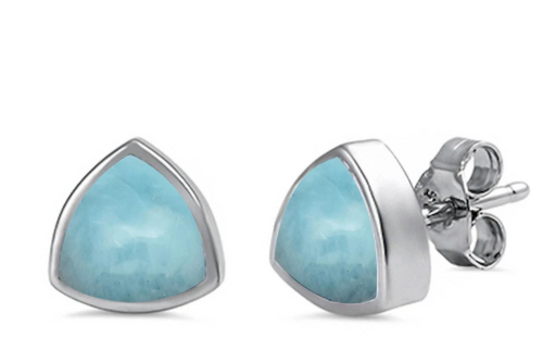 Larimar trillion stud earrings on white background — 8.25mm genuine Larimar in .925 sterling silver — post back closure