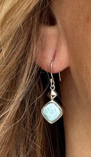 Larimar square drop earring worn on model ‚Äî 1 inch genuine Larimar dangle in .925 sterling silver French wire hook ‚Äî Crabby Mermaid