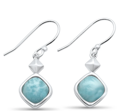 Natural Larimar Square Shape .925 Sterling Silver Drop Dangle Earrings