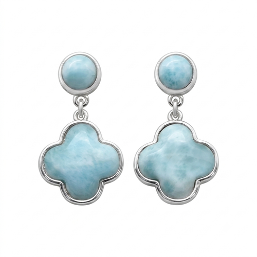 Larimar clover flower drop earrings in sterling silver on white background