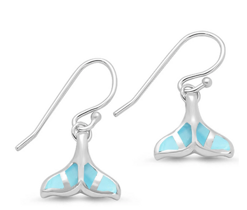 Larimar whale tail drop earrings on white background ‚Äî .75 inch genuine Larimar dangle in .925 sterling silver French wire hooks