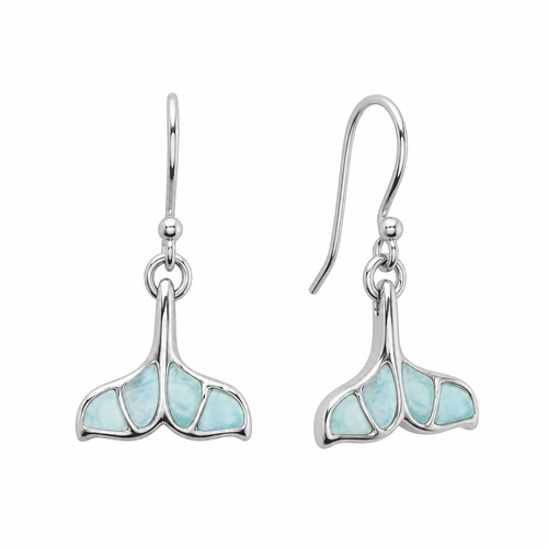Larimar whale tail drop earrings in sterling silver side angle view showing french hooks
