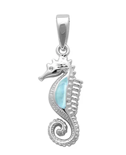 Close-up of Larimar seahorse pendant in .925 sterling silver ‚Äî genuine Dominican Republic Larimar showing stone detail