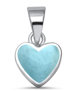 Larimar heart pendant close-up in .925 sterling silver on white background — genuine Dominican Republic Larimar — Crabby Mermaid