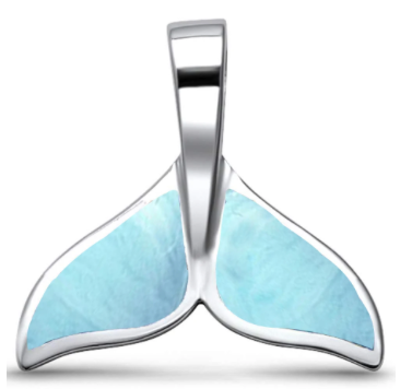 Larimar whale tail pendant close-up in .925 sterling silver on white background — genuine Dominican Republic Larimar